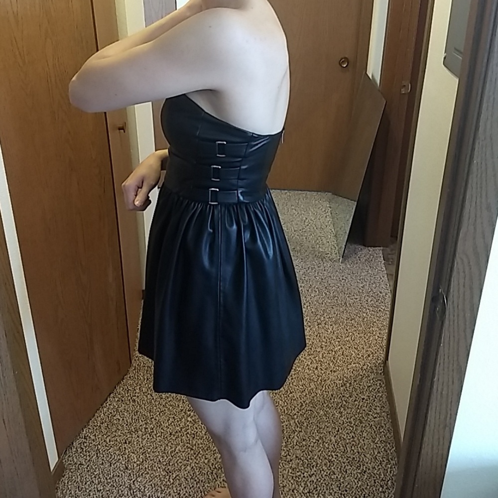 Strapless black faux leather dress